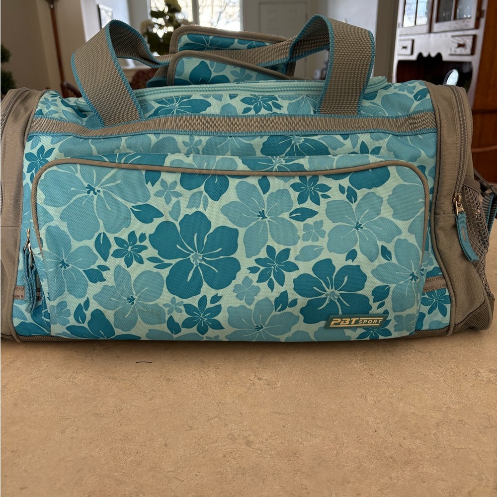 Pottery Barn Teen Blue Floral Bag with Gray Accents
